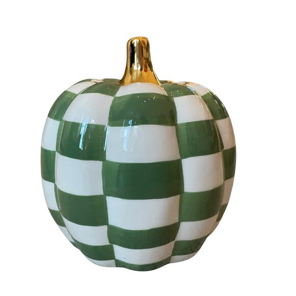 Green & White CHECKERED Pumpkin w/ Gold Stem 7in Ceramic Fall Home Decor New - Picture 7 of 11